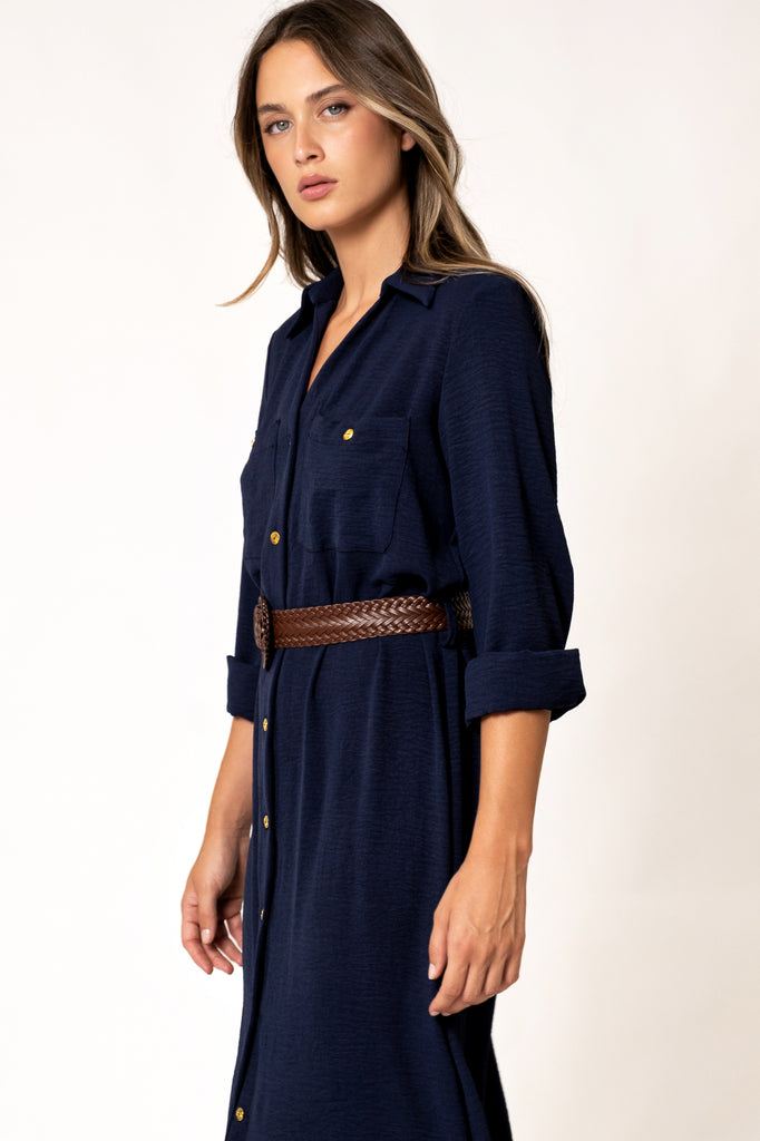Vestido azul com cinto